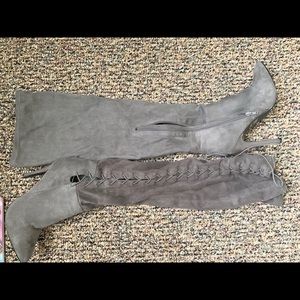 Grey thigh high boot heels